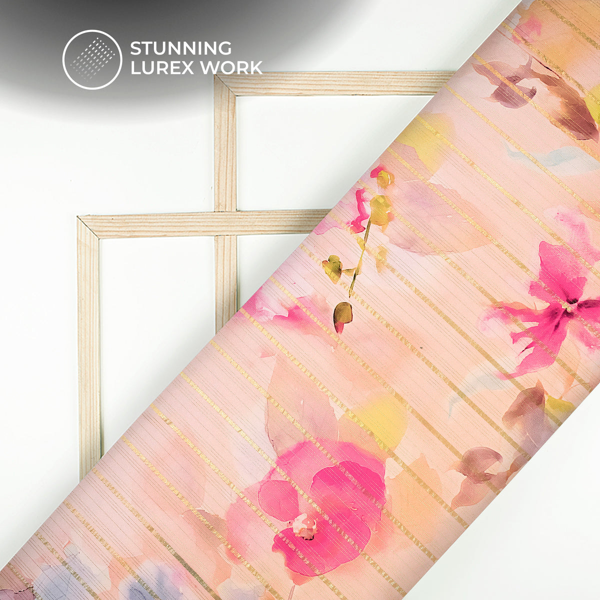 Peach Pink Floral Digital Print Golden Lurex Satin Fabric
