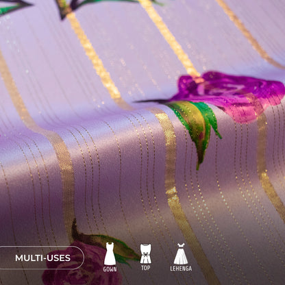 Lavender Purple Floral Digital Print Golden Lurex Satin Fabric