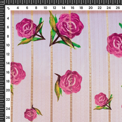 Lavender Purple Floral Digital Print Golden Lurex Satin Fabric