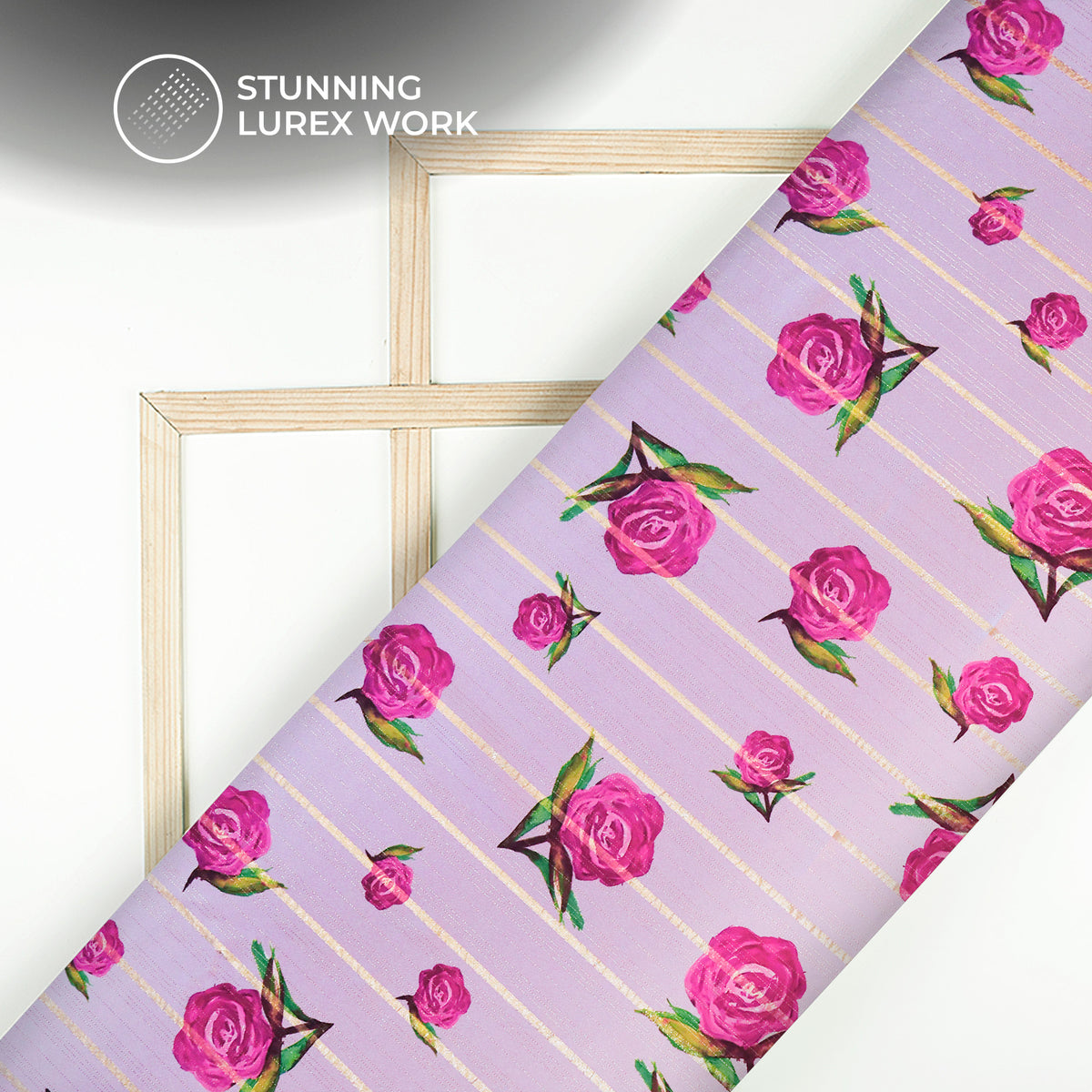 Lavender Purple Floral Digital Print Golden Lurex Satin Fabric