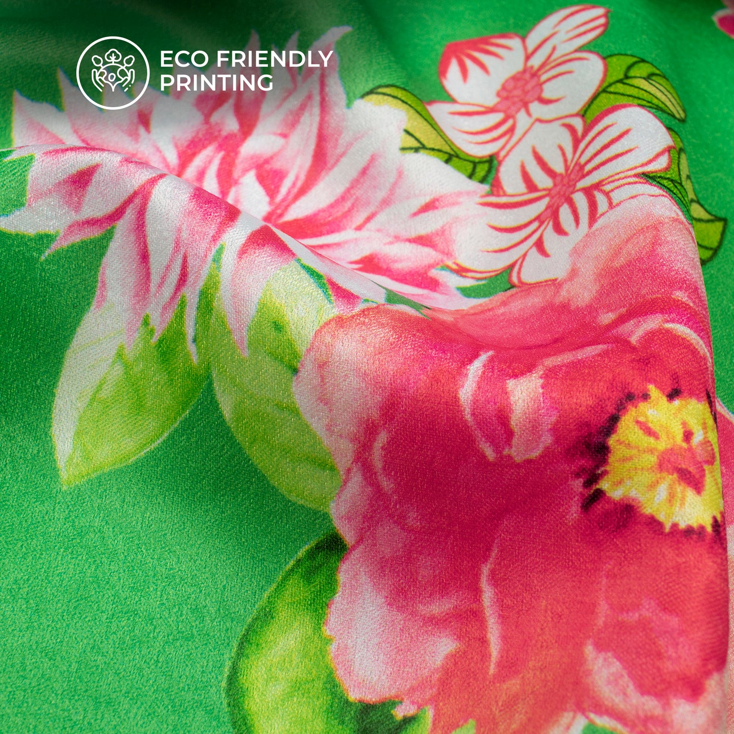 Neon Green Floral Digital Print Lush Satin Fabric
