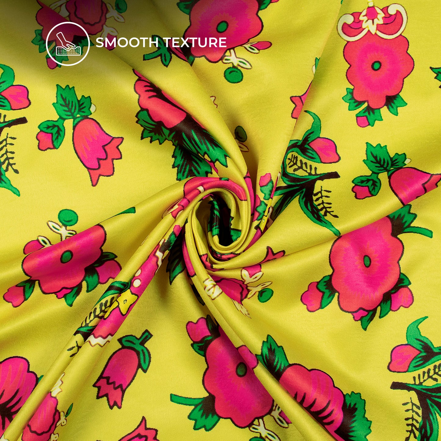 Lemon Yellow Floral Digital Print Lush Satin Fabric