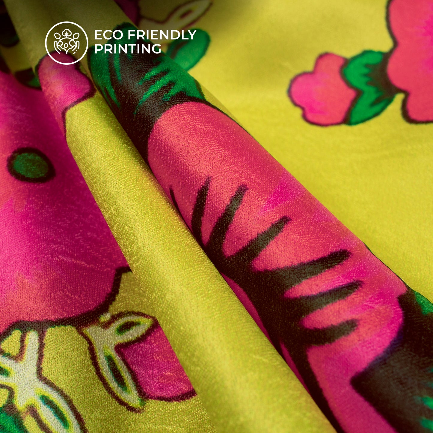 Lemon Yellow Floral Digital Print Lush Satin Fabric