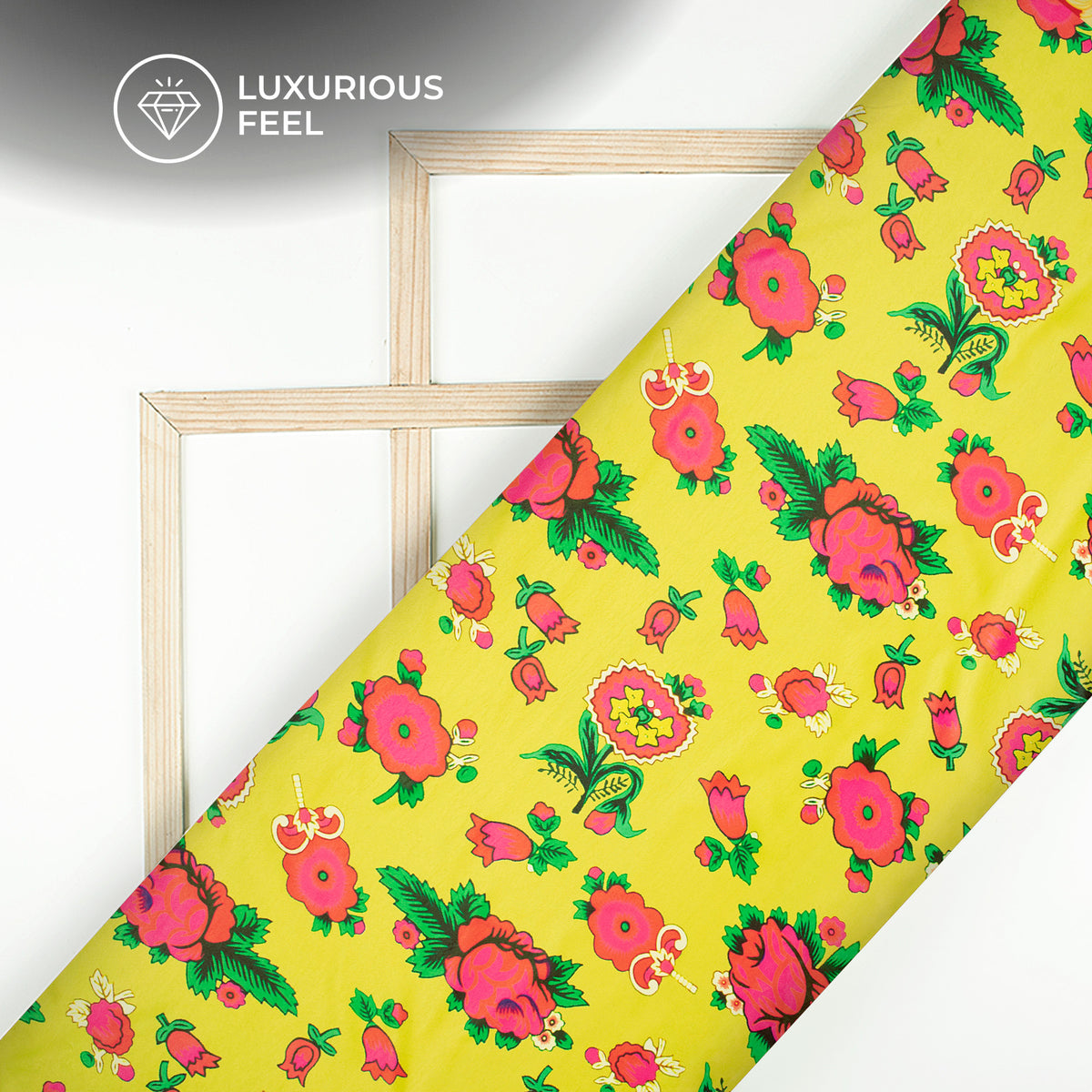 Lemon Yellow Floral Digital Print Lush Satin Fabric
