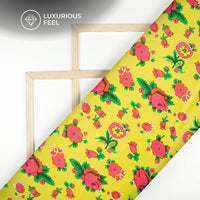 Lemon Yellow Floral Digital Print Lush Satin Fabric