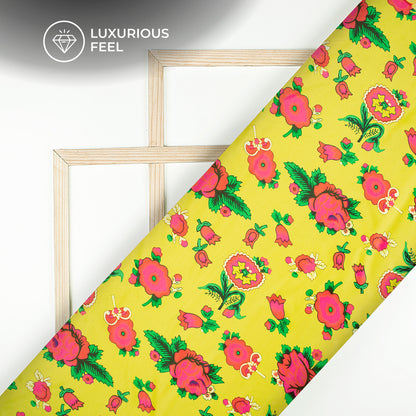 Lemon Yellow Floral Digital Print Lush Satin Fabric