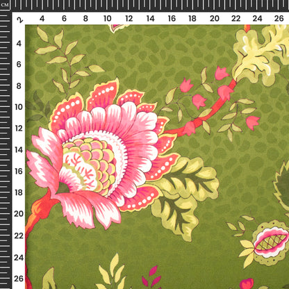 Moss Green Floral Digital Print Dobby Satin Fabric