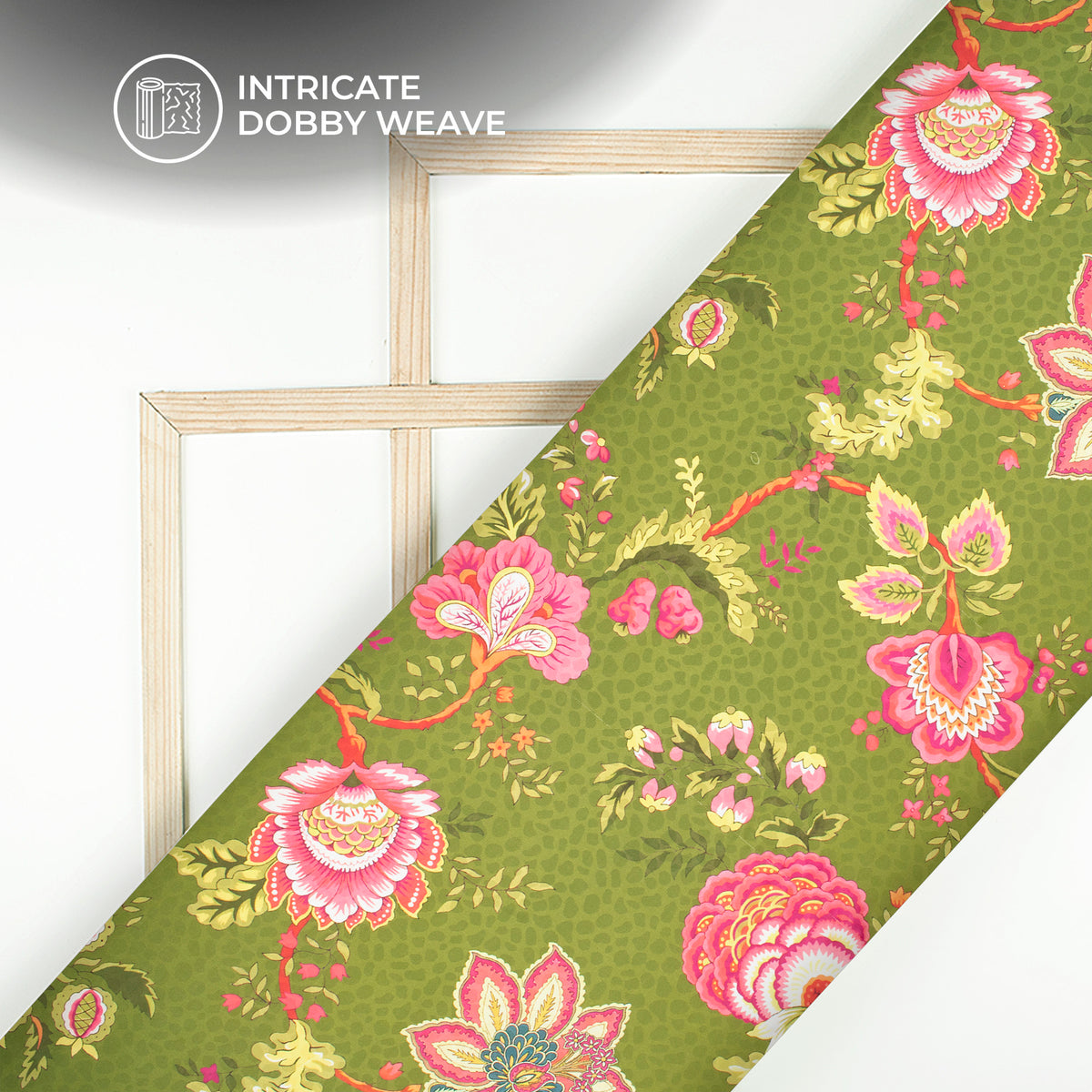 Moss Green Floral Digital Print Dobby Satin Fabric