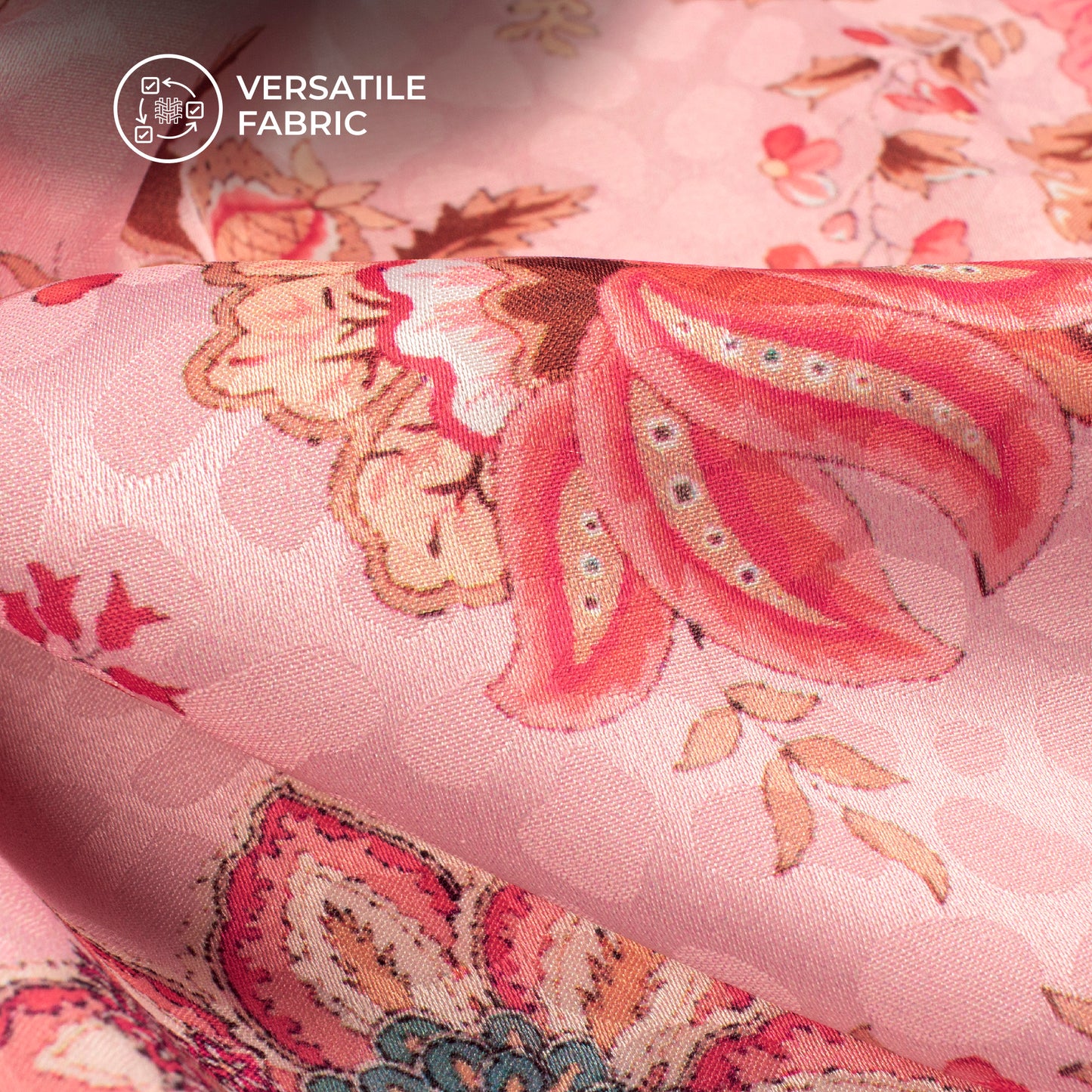 Rose Pink Floral Digital Print Dobby Satin Fabric