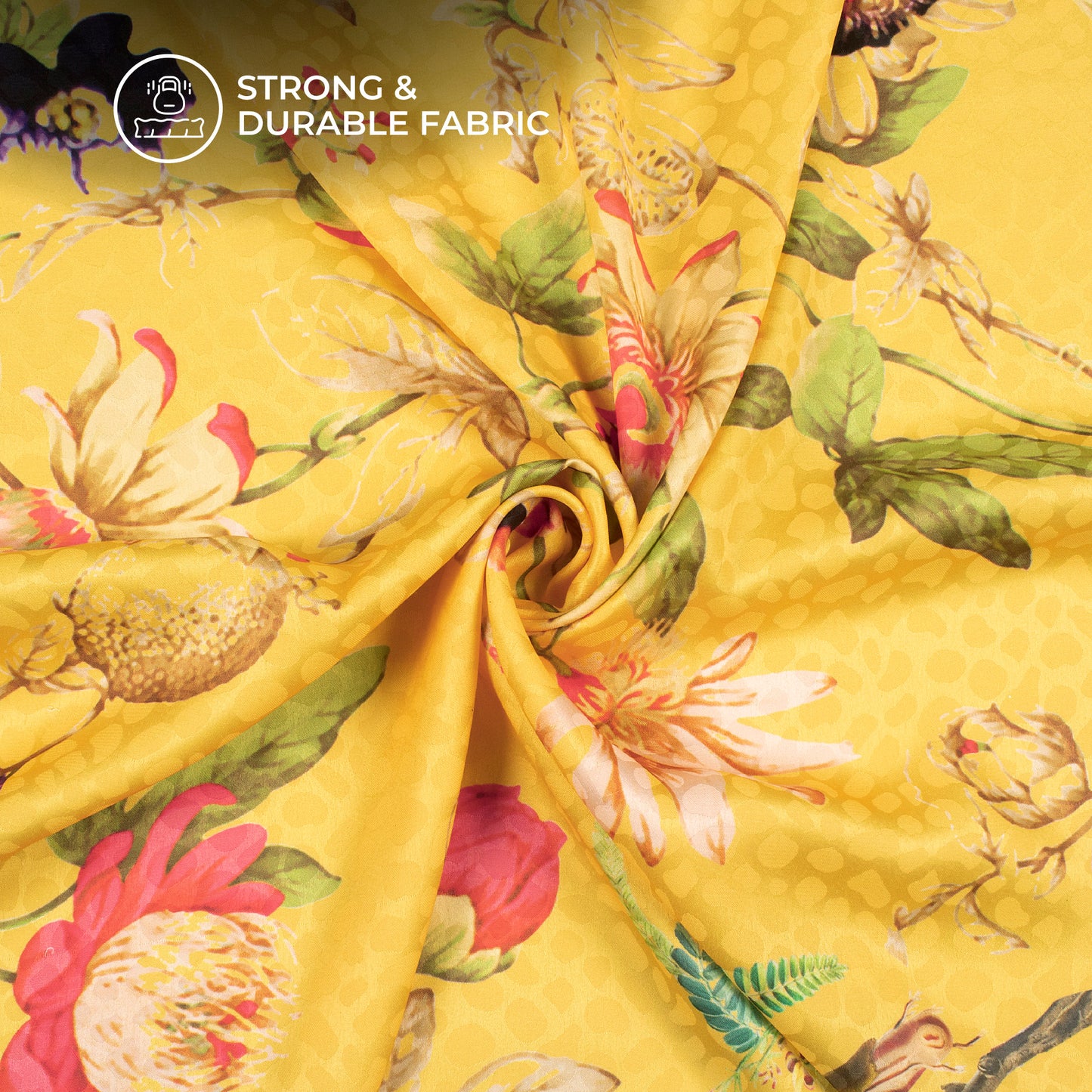 Mustard Yellow Floral Digital Print Dobby Satin Fabric