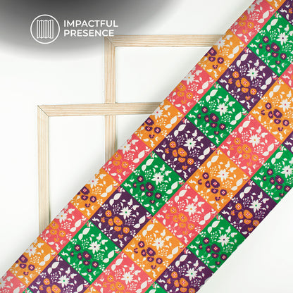Multi-Color Checks,Floral Digital Print Flat Silk Fabric