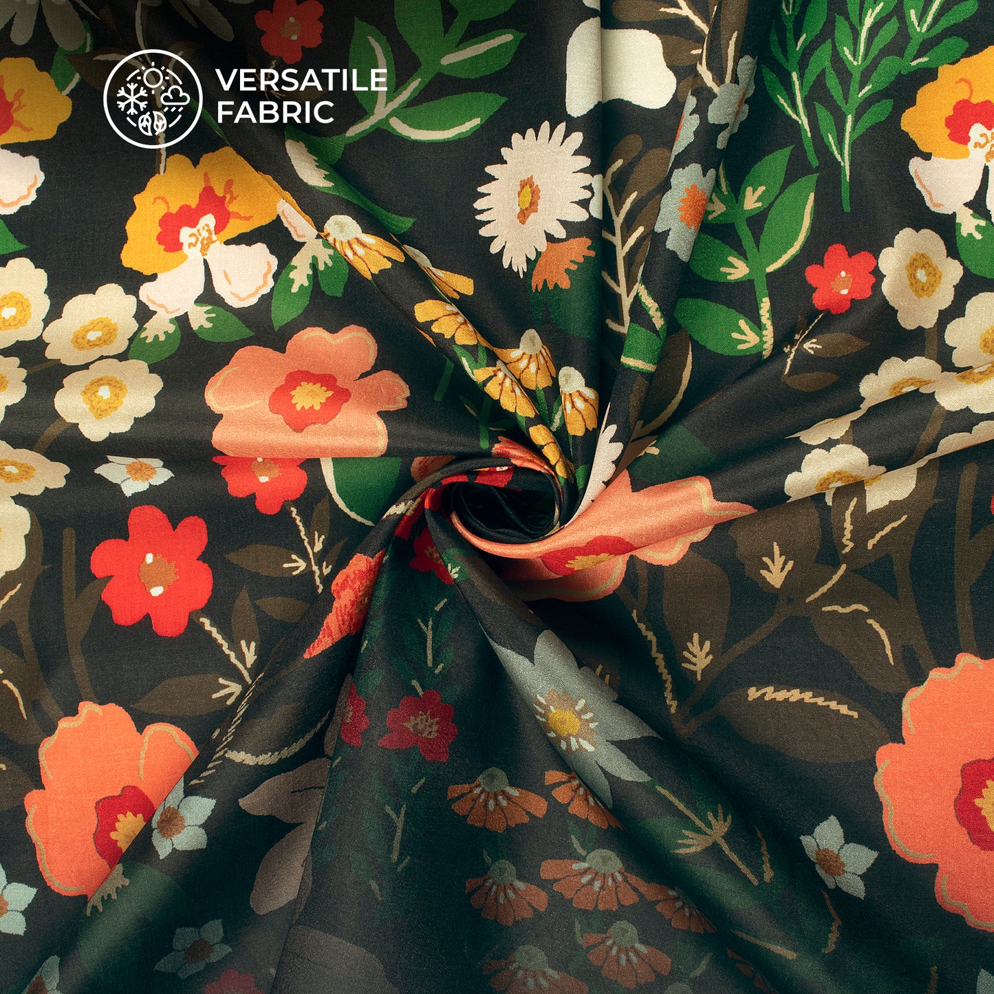 Black Floral Digital Print Flat Silk Fabric
