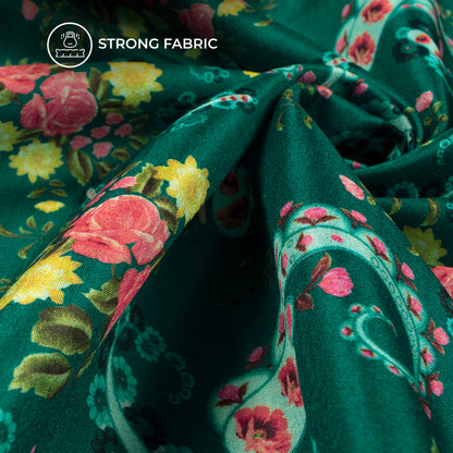 Pink Green Paisley Digital Print Flat Silk Fabric