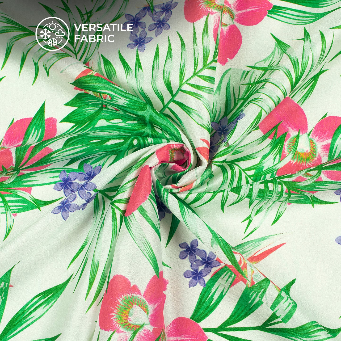 White Floral Digital Print Flat Silk Fabric