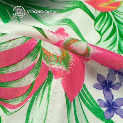 White Floral Digital Print Flat Silk Fabric