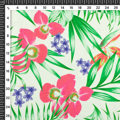 White Floral Digital Print Flat Silk Fabric