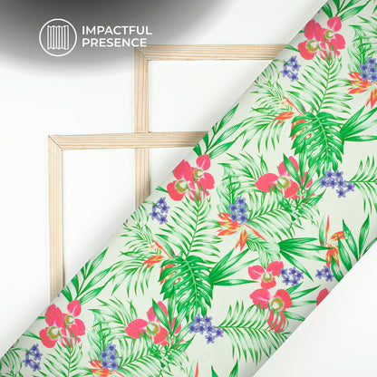 White Floral Digital Print Flat Silk Fabric
