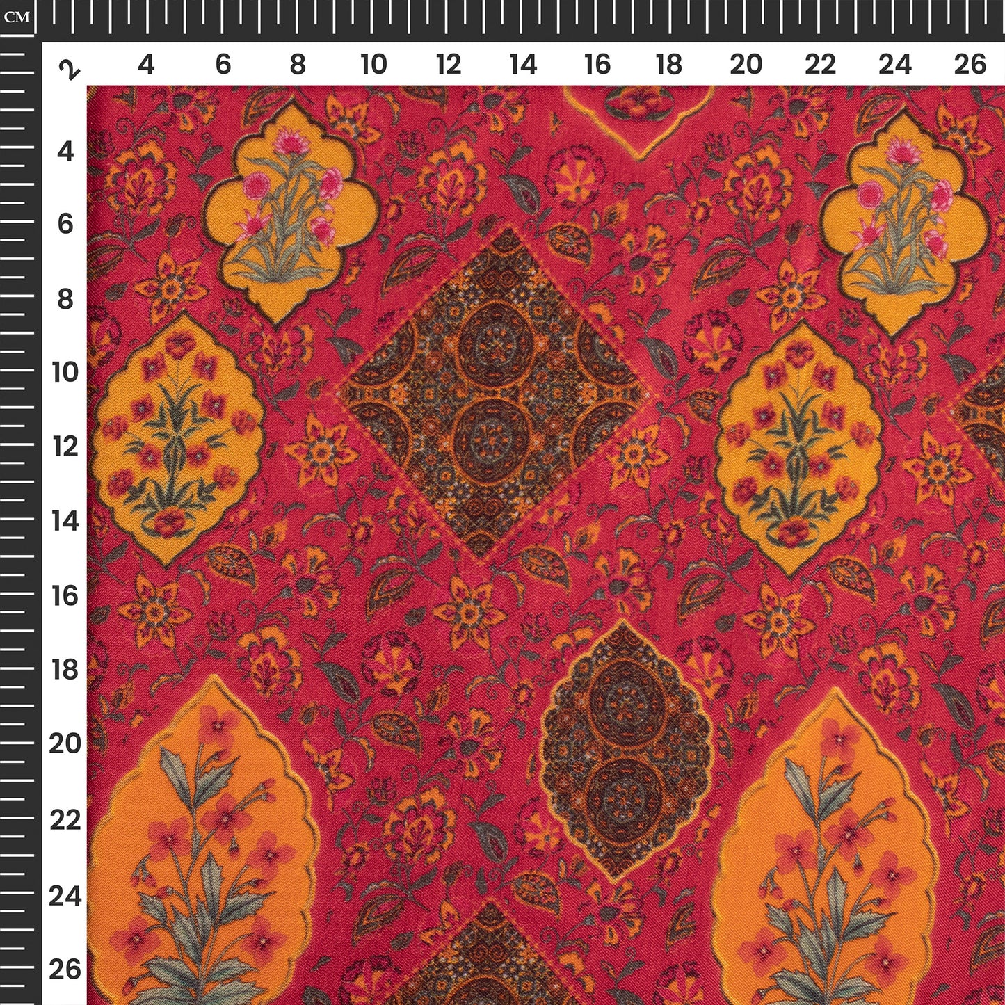 Cherry Red Ethnic-Floral Digital Print Viscose Gaji Silk Fabric