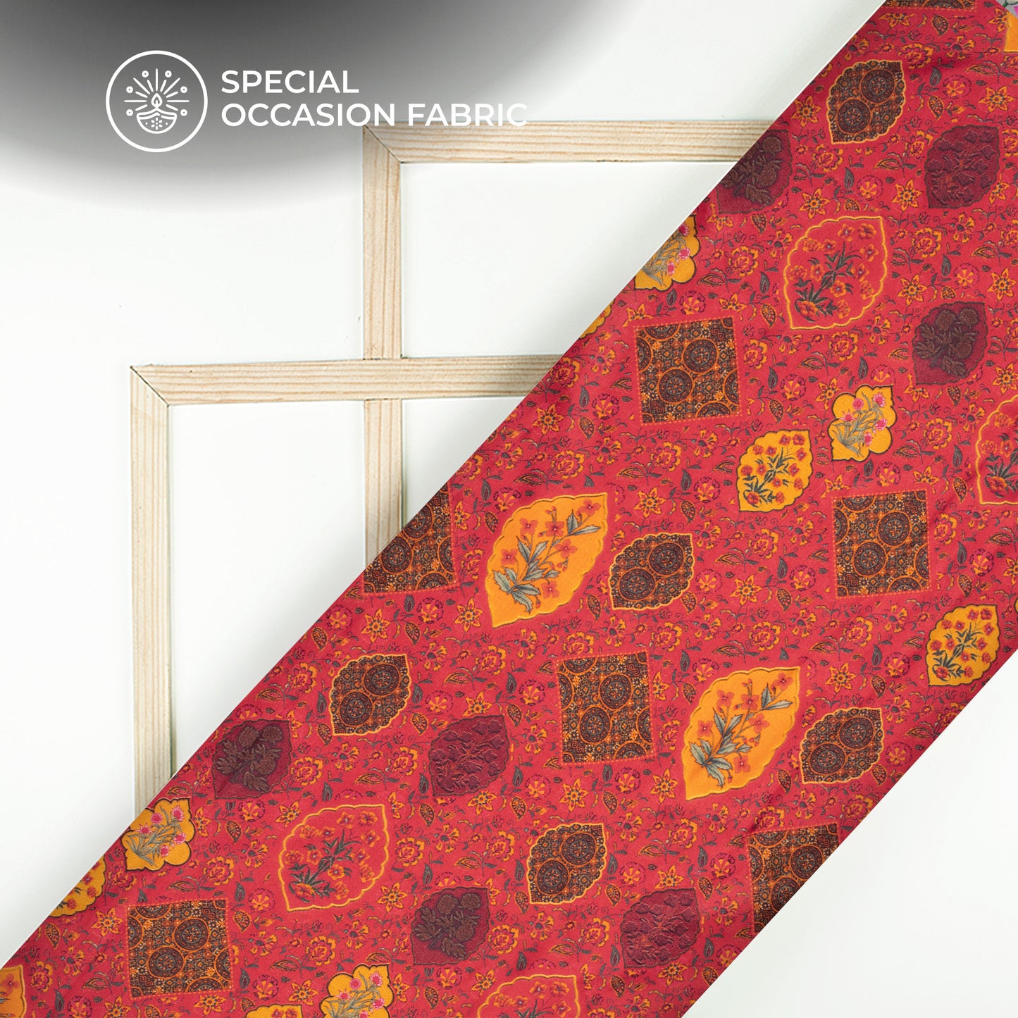 Cherry Red Ethnic-Floral Digital Print Viscose Gaji Silk Fabric