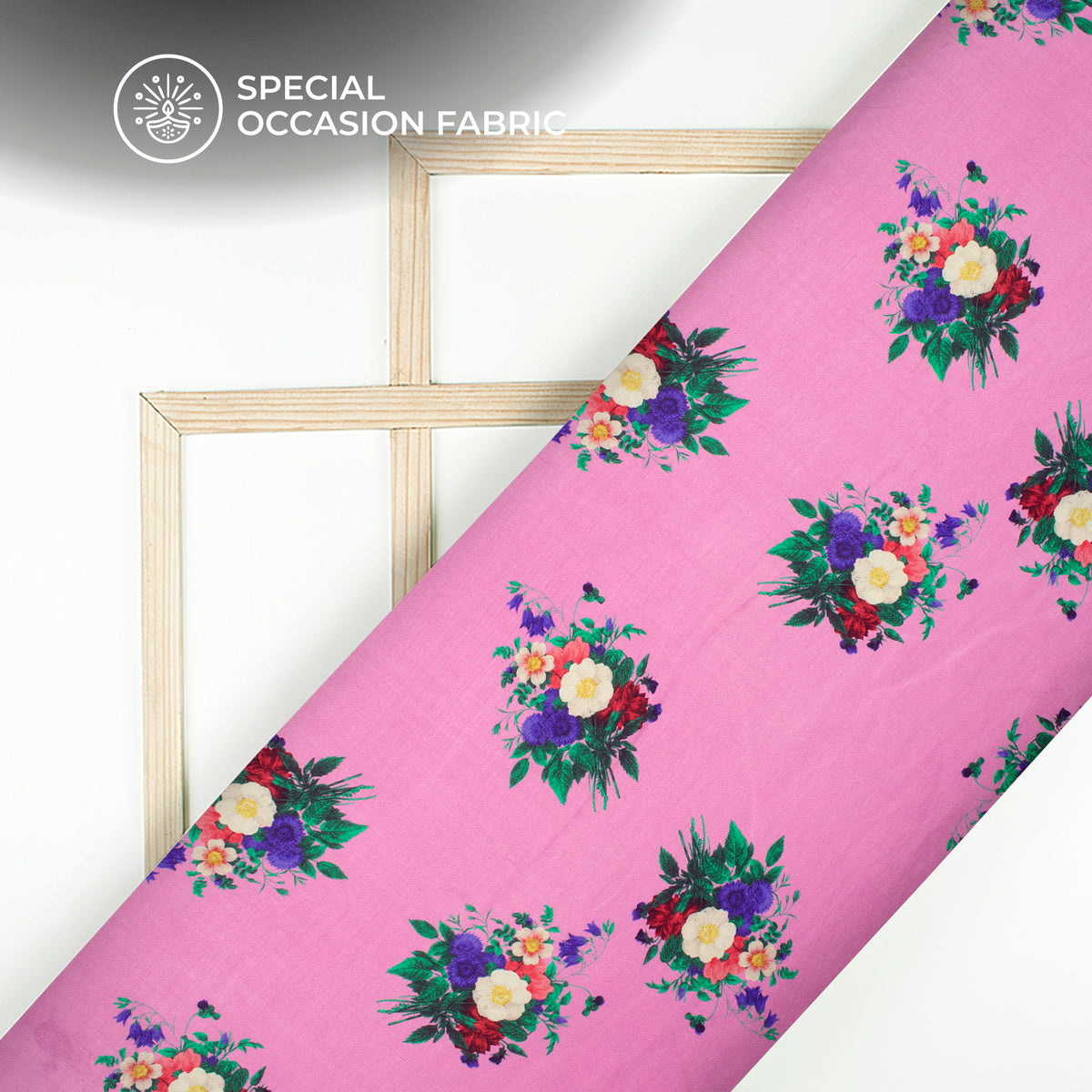 Fuscia Pink Floral Digital Print Viscose Gaji Silk Fabric