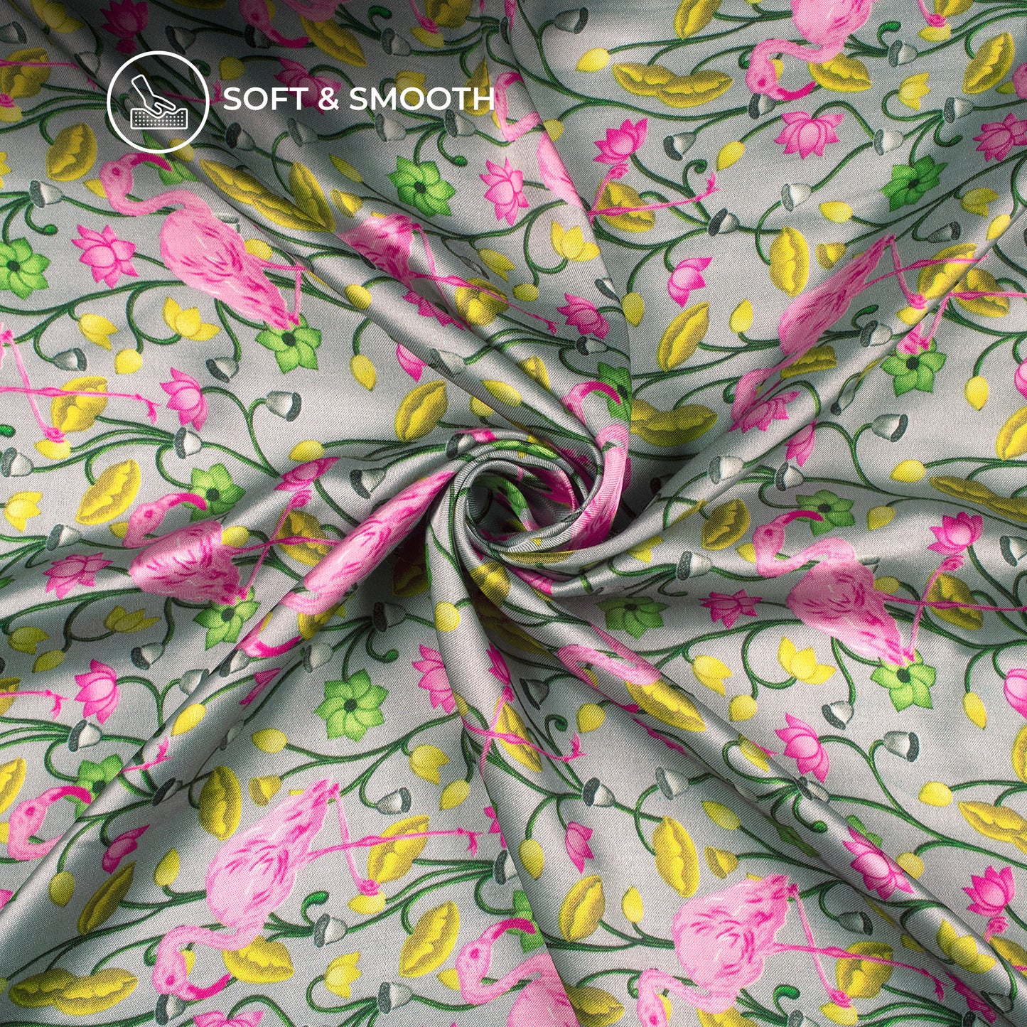 Silver Gray Floral-Bird Digital Print Viscose Gaji Silk Fabric