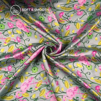 Silver Gray Floral-Bird Digital Print Viscose Gaji Silk Fabric