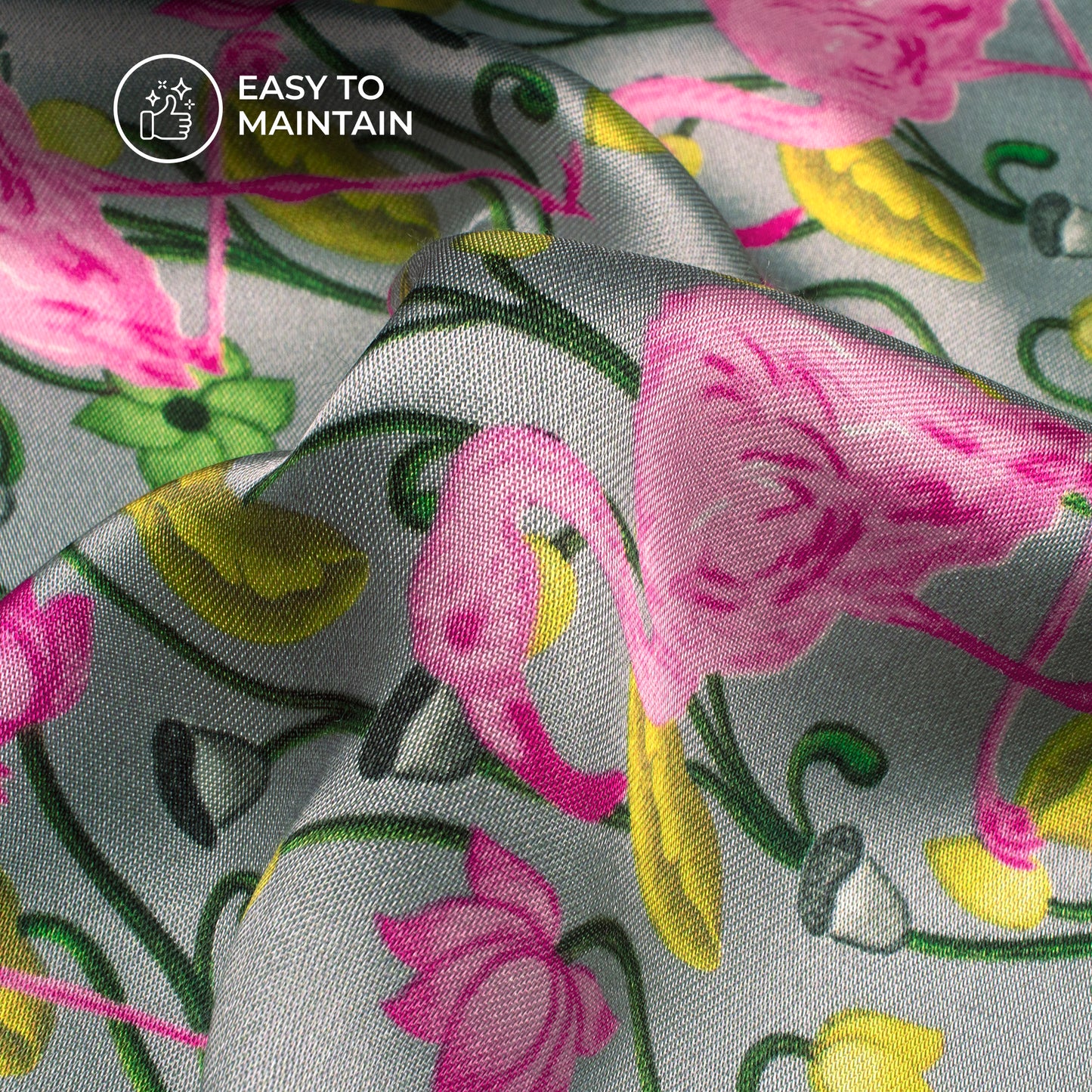 Silver Gray Floral-Bird Digital Print Viscose Gaji Silk Fabric