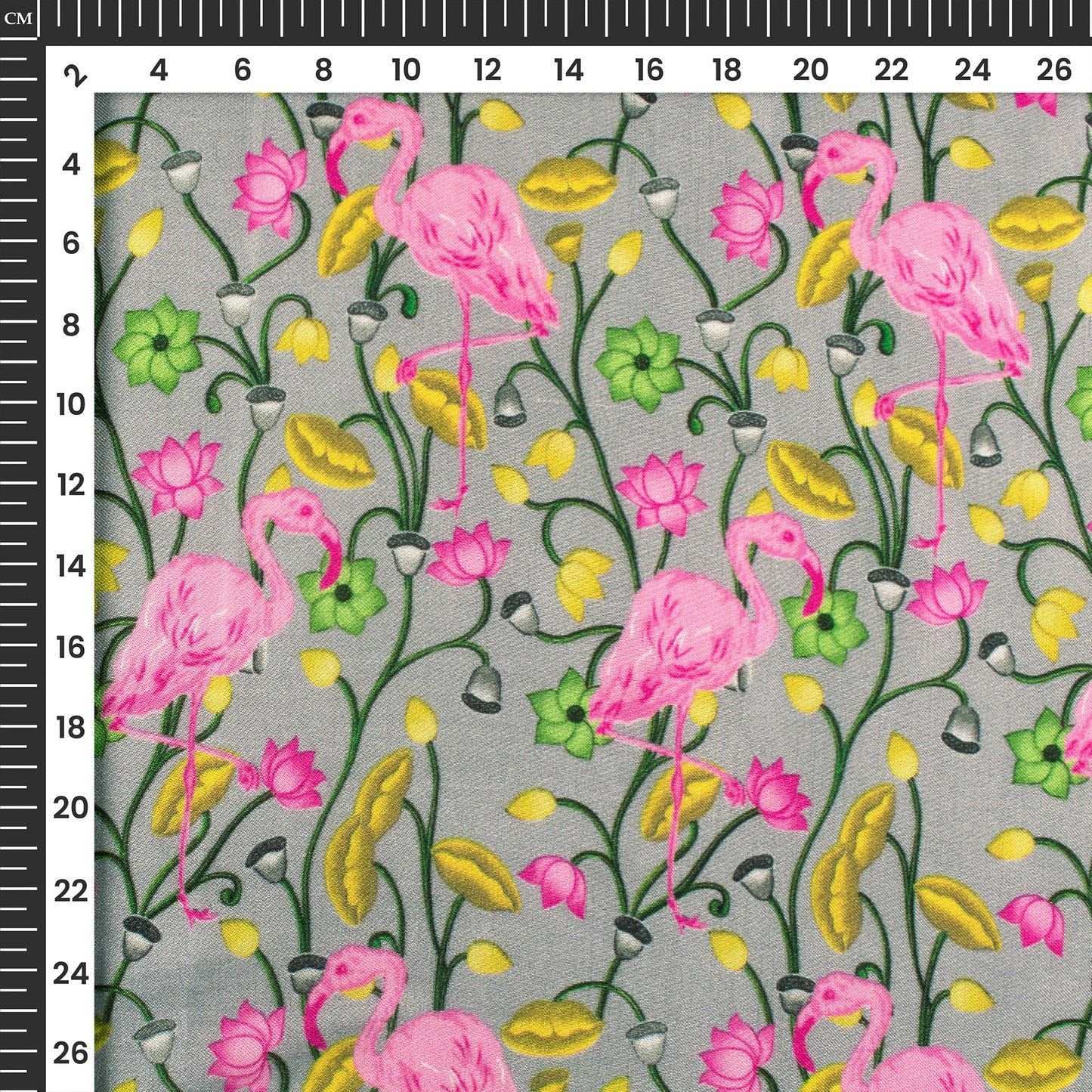 Silver Gray Floral-Bird Digital Print Viscose Gaji Silk Fabric