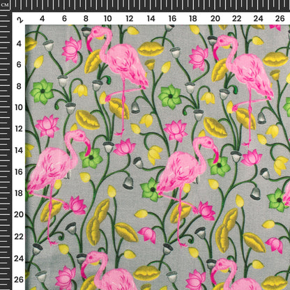Silver Gray Floral-Bird Digital Print Viscose Gaji Silk Fabric