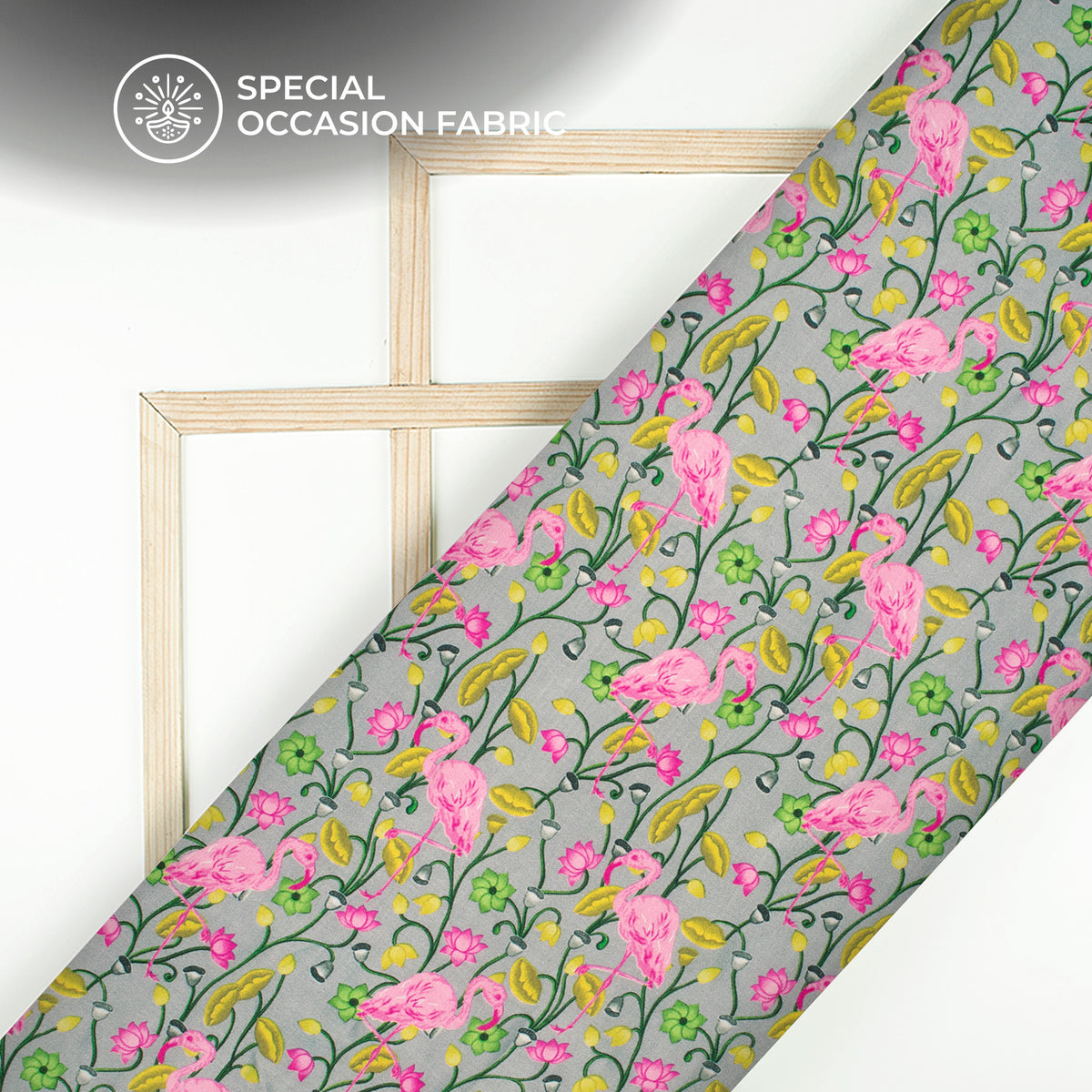 Silver Gray Floral-Bird Digital Print Viscose Gaji Silk Fabric
