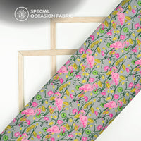 Silver Gray Floral-Bird Digital Print Viscose Gaji Silk Fabric