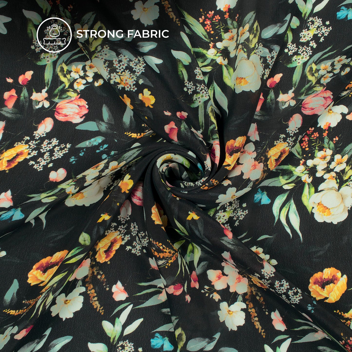 Black Floral Digital Print Viscose Natural Crepe Fabric