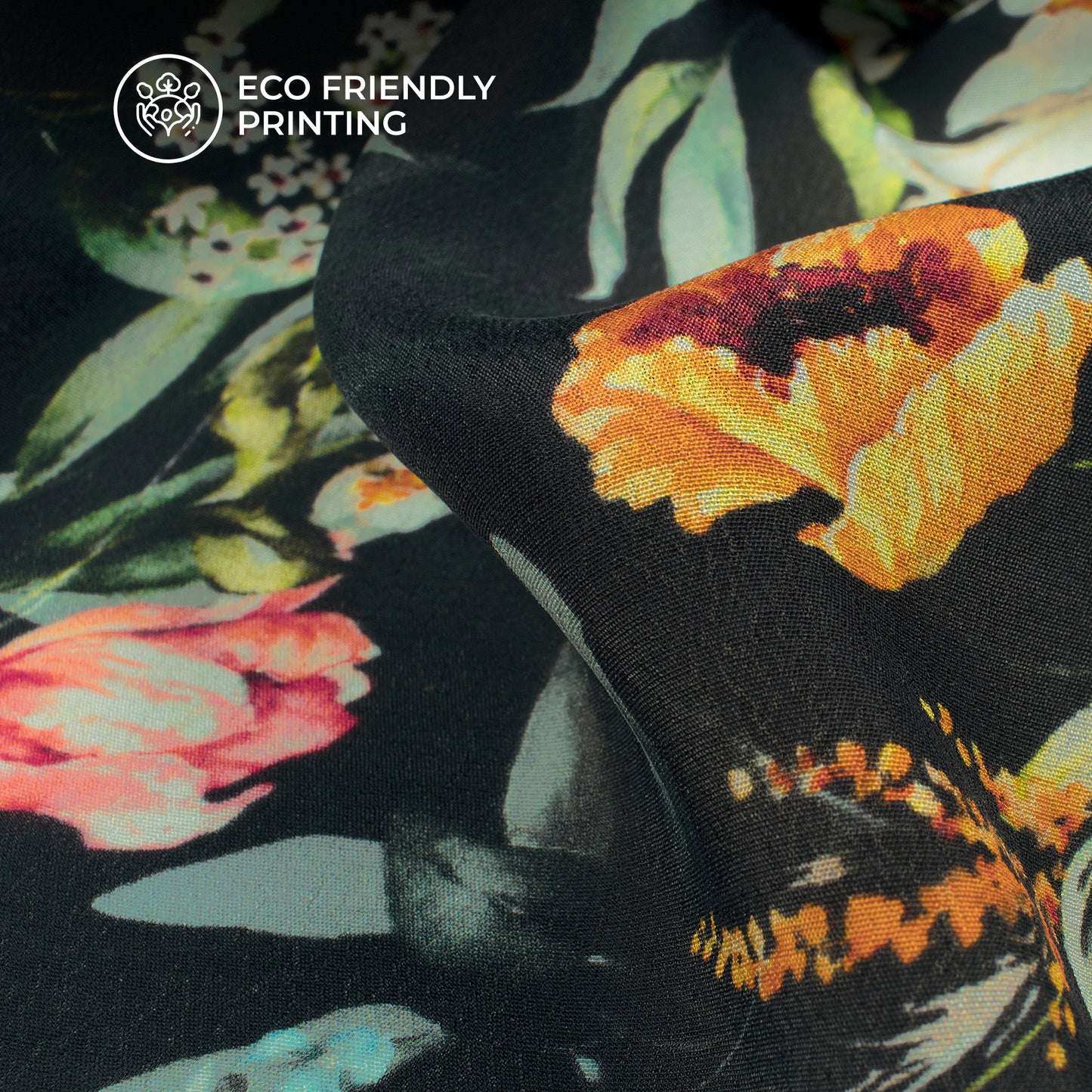 Black Floral Digital Print Viscose Natural Crepe Fabric