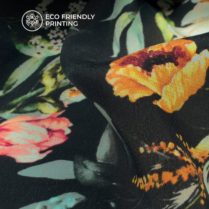 Black Floral Digital Print Viscose Natural Crepe Fabric