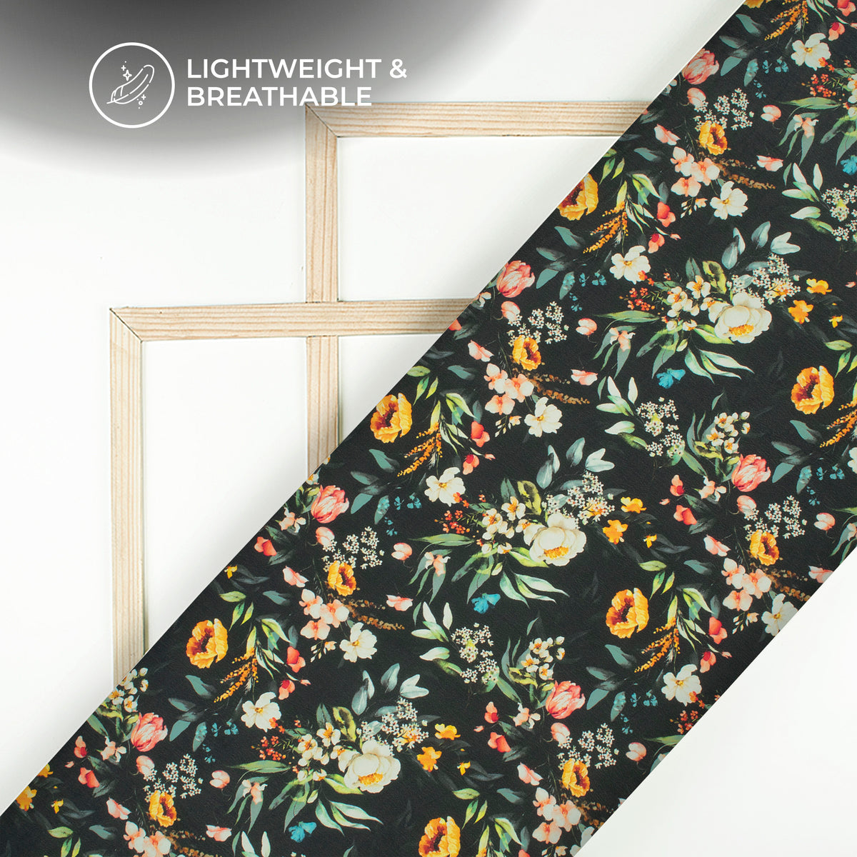 Black Floral Digital Print Viscose Natural Crepe Fabric