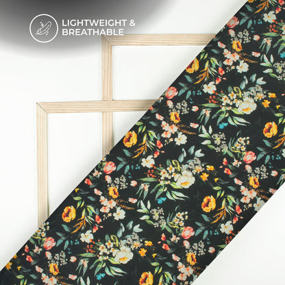 Black Floral Digital Print Viscose Natural Crepe Fabric
