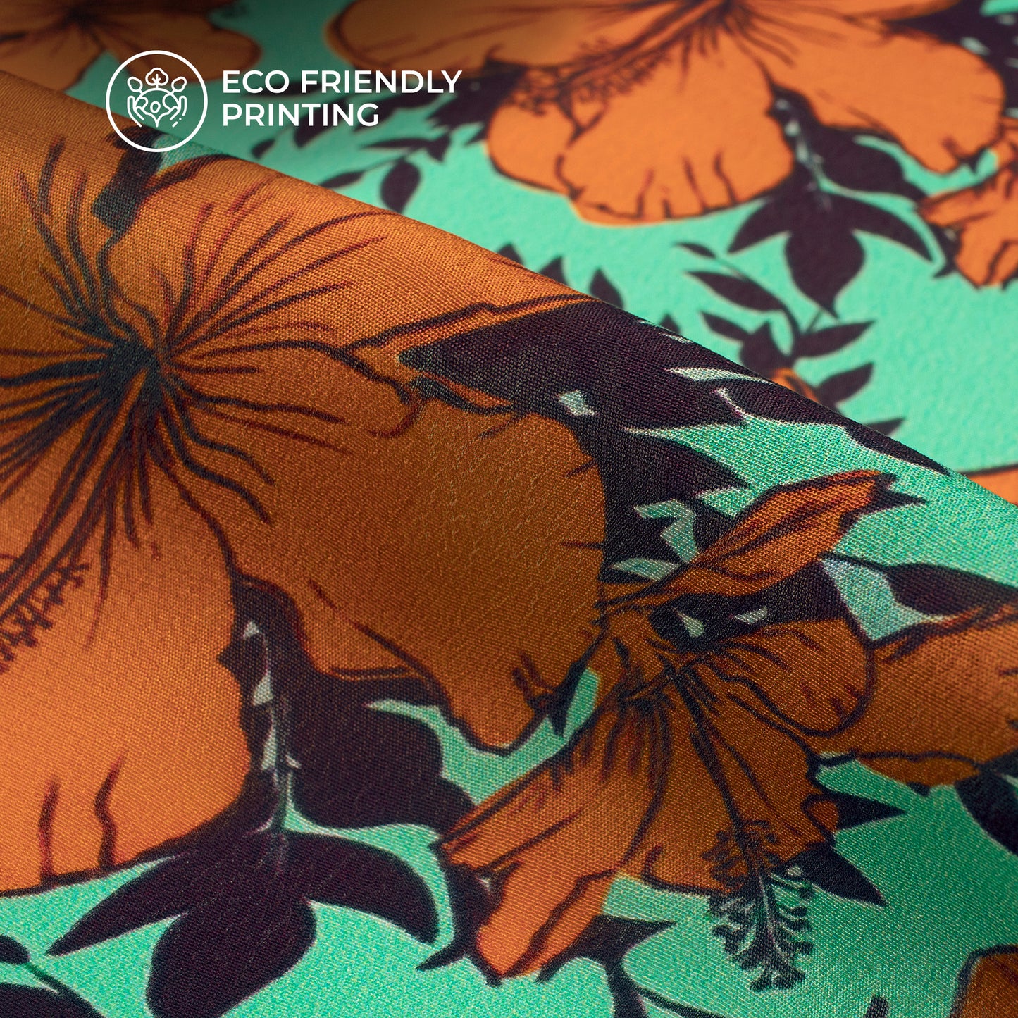 Fern Green Floral Digital Print Viscose Natural Crepe Fabric
