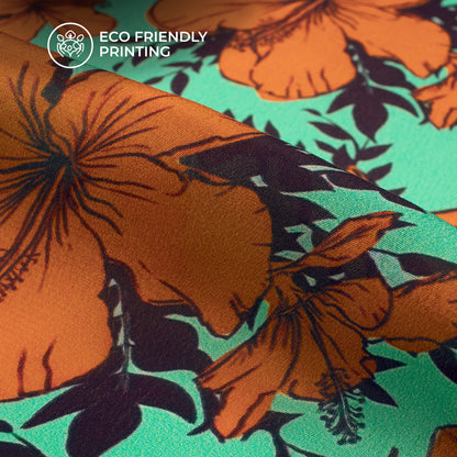 Fern Green Floral Digital Print Viscose Natural Crepe Fabric