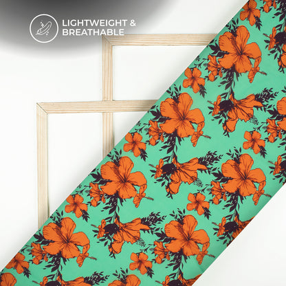 Fern Green Floral Digital Print Viscose Natural Crepe Fabric