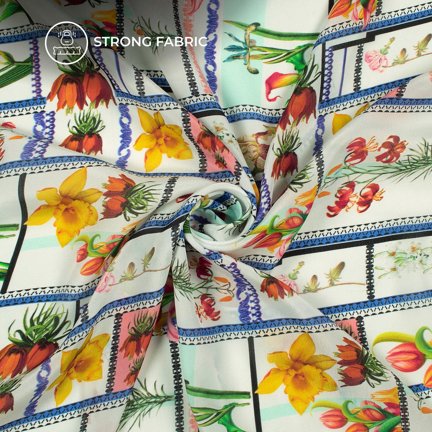 White Floral,Checks Digital Print Viscose Natural Crepe Fabric