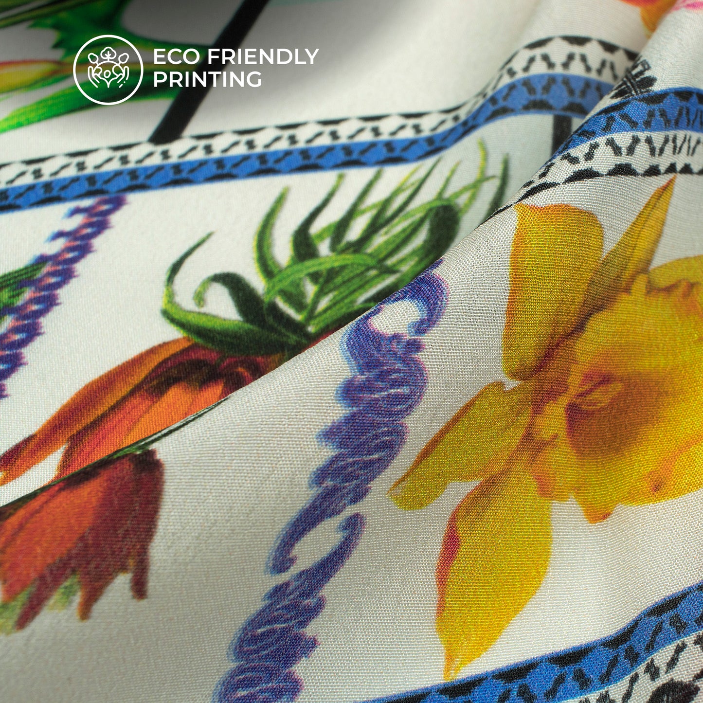 White Floral,Checks Digital Print Viscose Natural Crepe Fabric