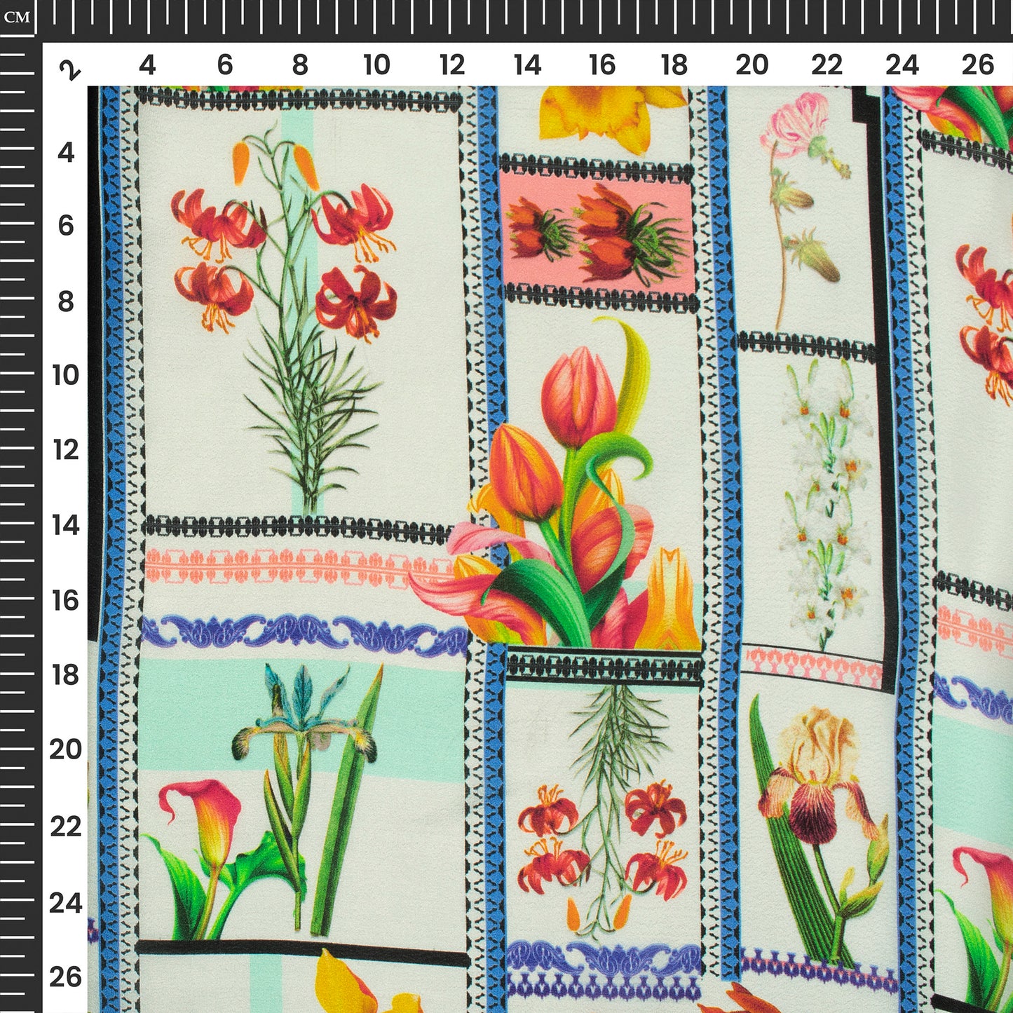 White Floral,Checks Digital Print Viscose Natural Crepe Fabric