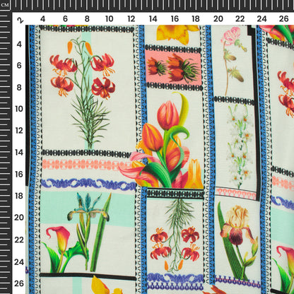 White Floral,Checks Digital Print Viscose Natural Crepe Fabric