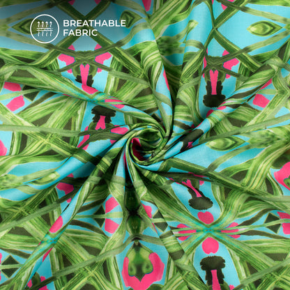 Mint Green Geometrical,Floral Digital Print Poly Cambric Fabric