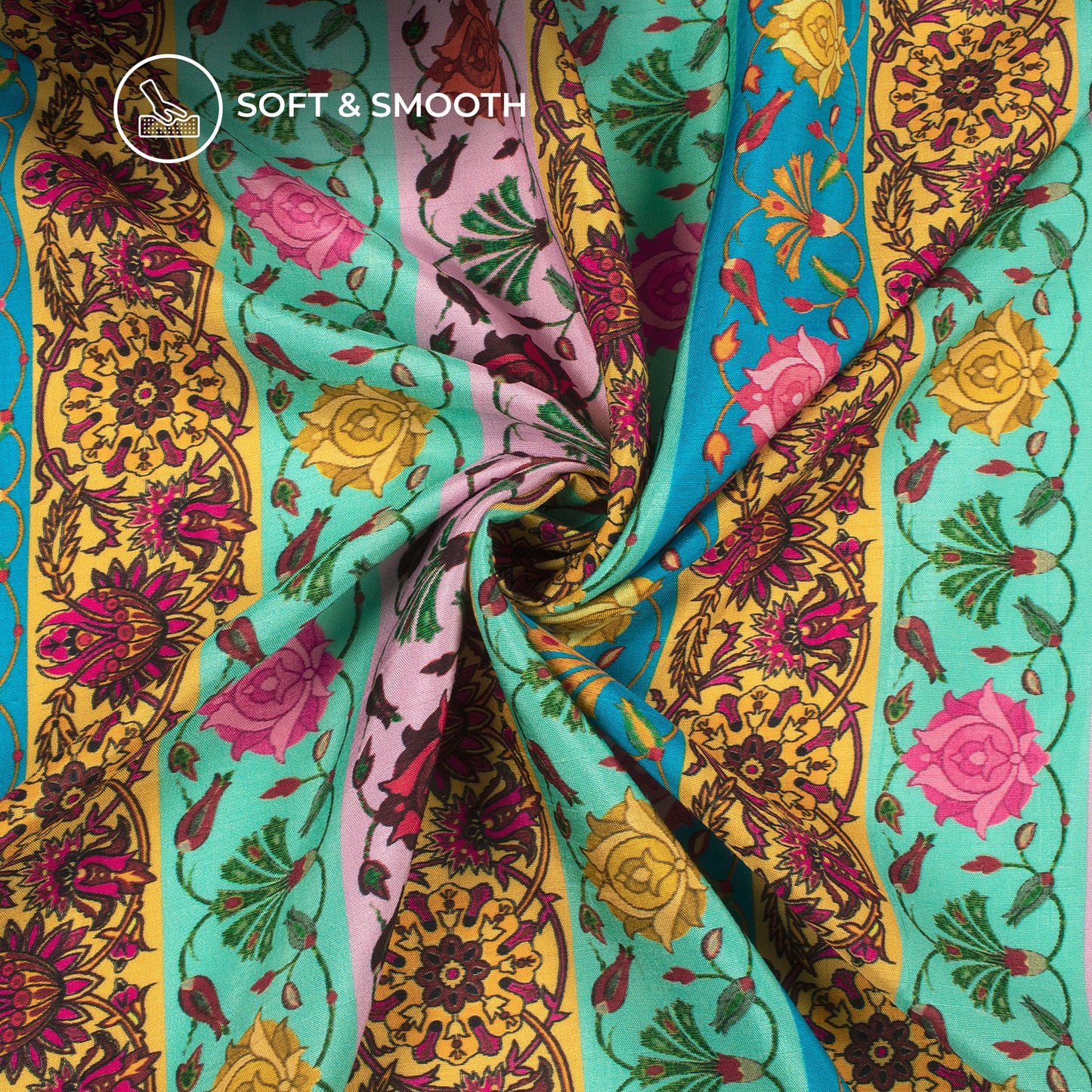 Multi-Color Stripes,Floral Digital Print Bemberg Raw Silk Fabric