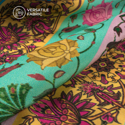 Multi-Color Stripes,Floral Digital Print Bemberg Raw Silk Fabric