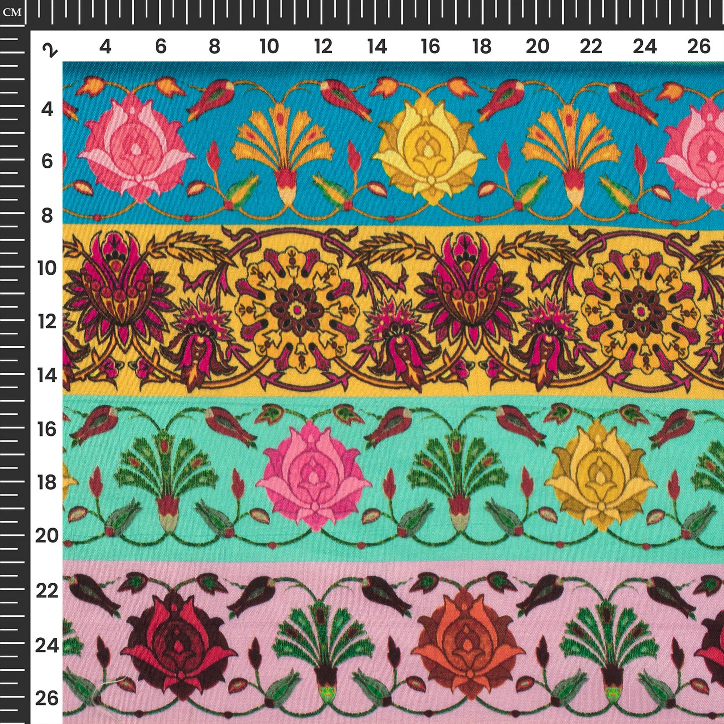 Multi-Color Stripes,Floral Digital Print Bemberg Raw Silk Fabric