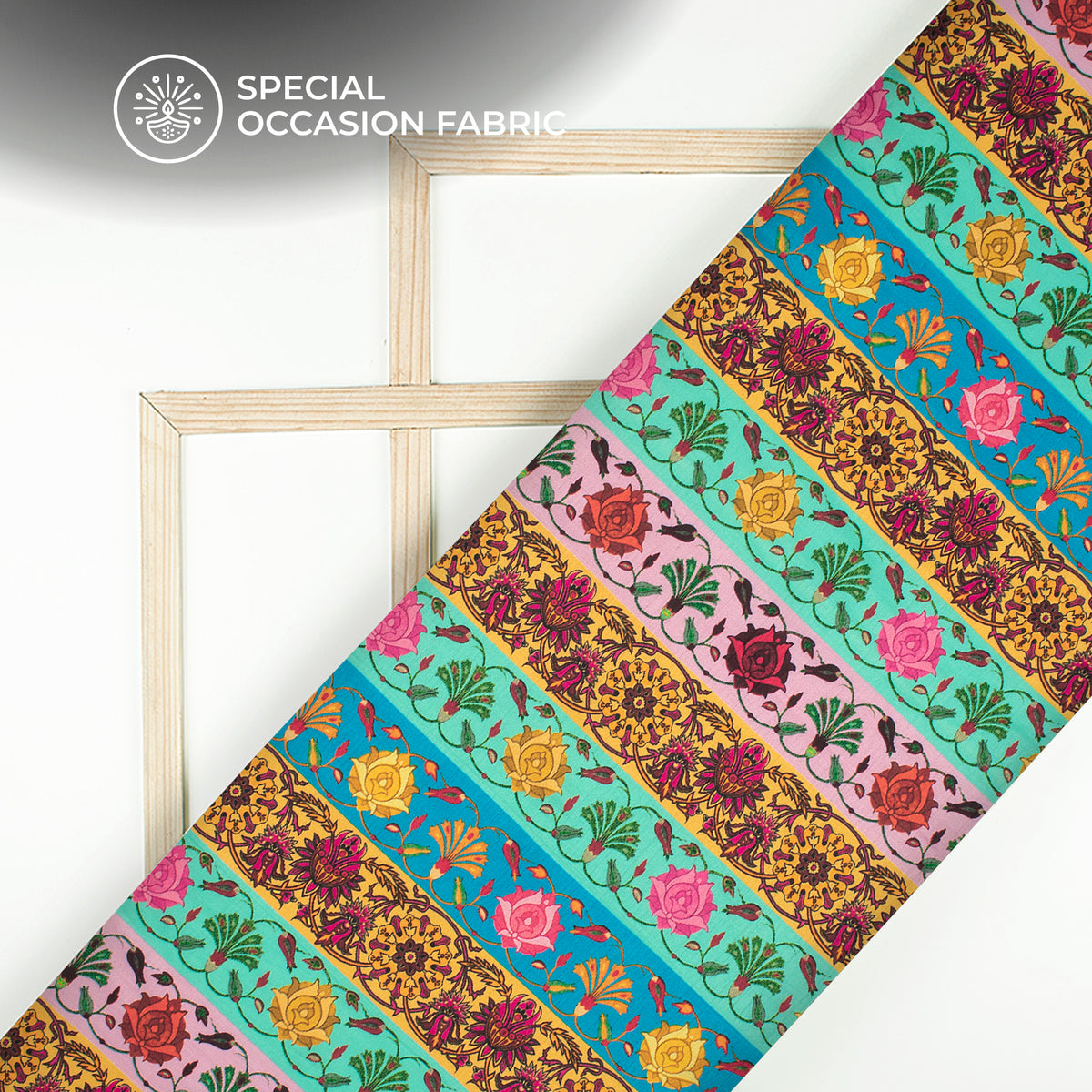 Multi-Color Stripes,Floral Digital Print Bemberg Raw Silk Fabric