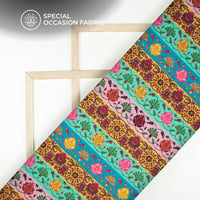 Multi-Color Stripes,Floral Digital Print Bemberg Raw Silk Fabric