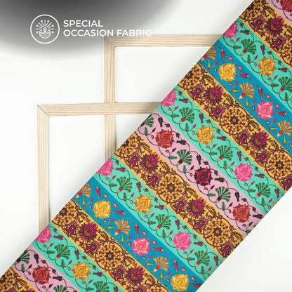 Multi-Color Stripes,Floral Digital Print Bemberg Raw Silk Fabric